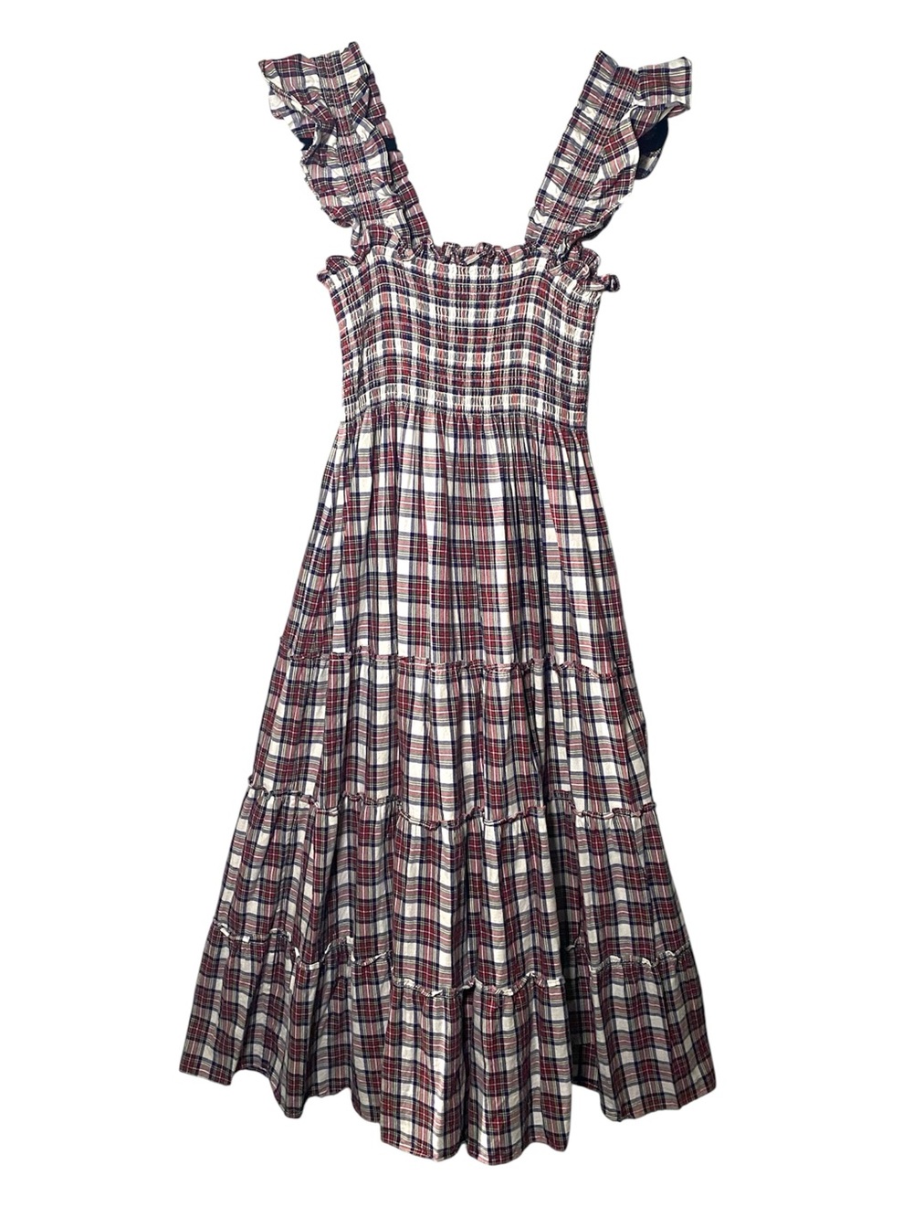 Hill House Ellie Tartan Plaid Nap Dress Women’s XS Tiered Midi Ruffled Shoulder